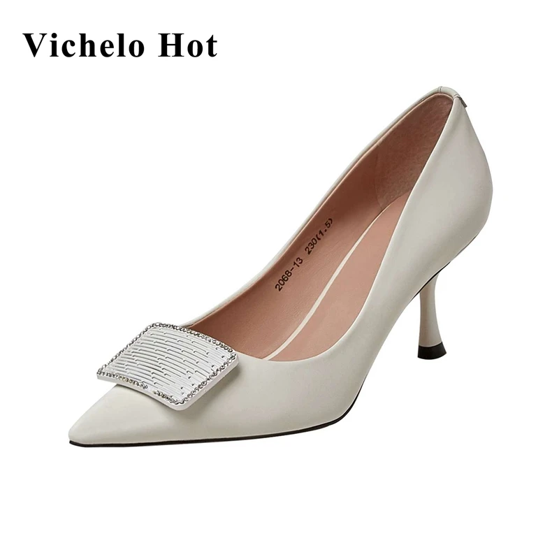 

Vichelo Hot new European style genuine leather pointed toe high heels beauty lady mature elegant slip on shallow women pumps L97