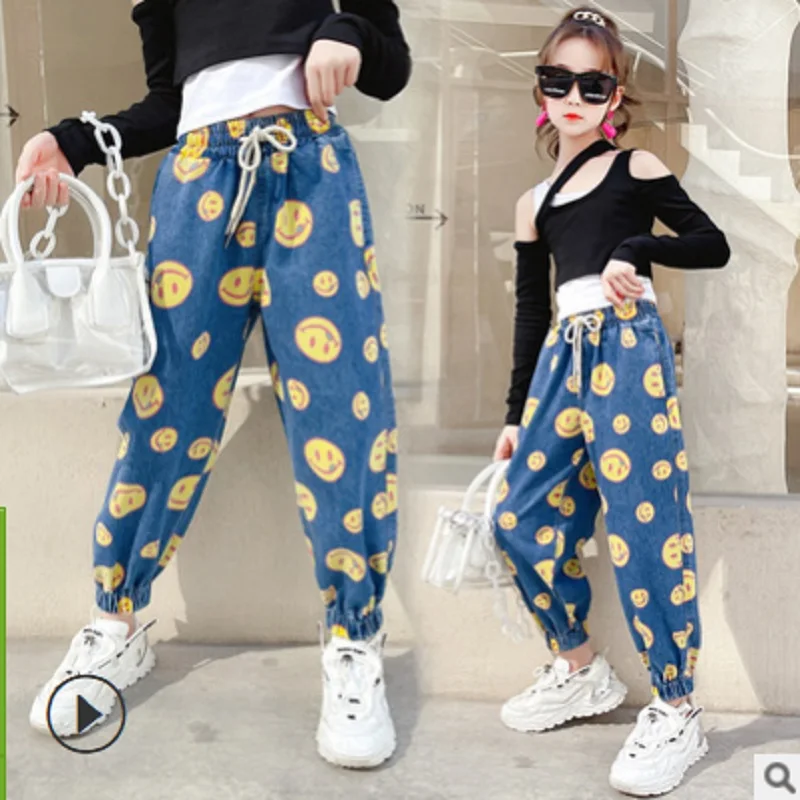 

Girls Smile Jeans New 2021 Autumn/Spring Kids Leisure Trousers Children's Active Pants Denim Print Color Size4-14 Jeans ly120