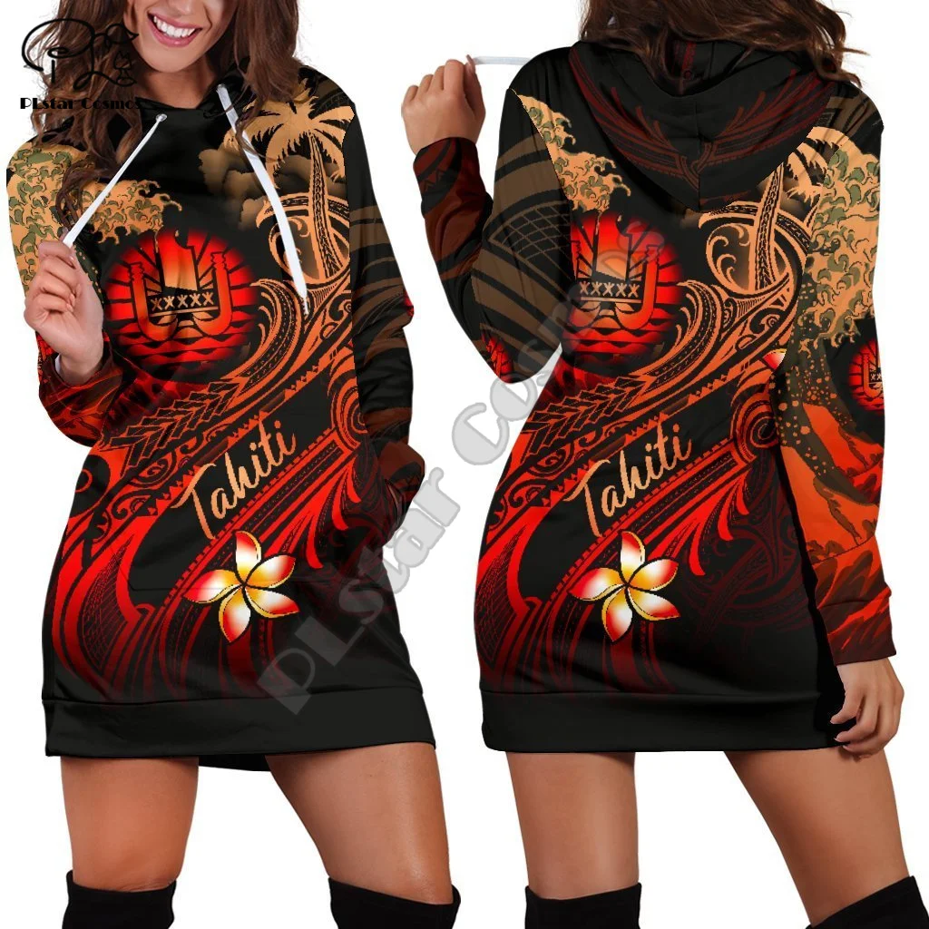 

French Polynesia Tahiti Country Tribal Culture Retro Harajuku 3DPrint Woman Long Sleeve Sweatshirt Pullover Funny Hoody Dress A3