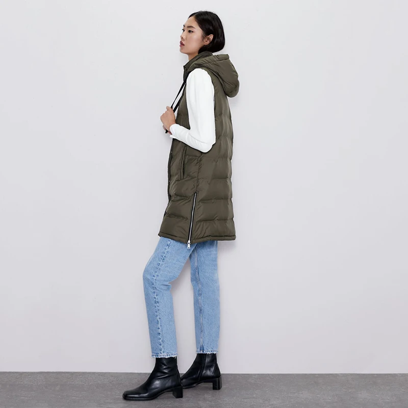Autumn and Winter ZA New Fashion Cotton Vest Women Collar Hooded Zipper Pocket Sleeveless Casual Loose Warm Cotton Vest Coat