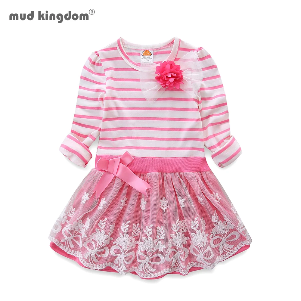 

Mudkingdom Little Girl Dress Long Sleeve Stripe Flower Lace Cute Ribbon Bow Clothes for Girls Autumn 2 to 7 Years