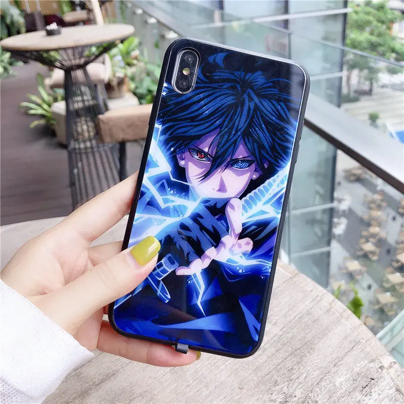 Наруто Саске чехол для iPhone 8 7 6 6S плюс XS светодиодный вызов светильник чехол s Закаленное стекло Coque Flash Cover для iPhone XR XS MAX Funda