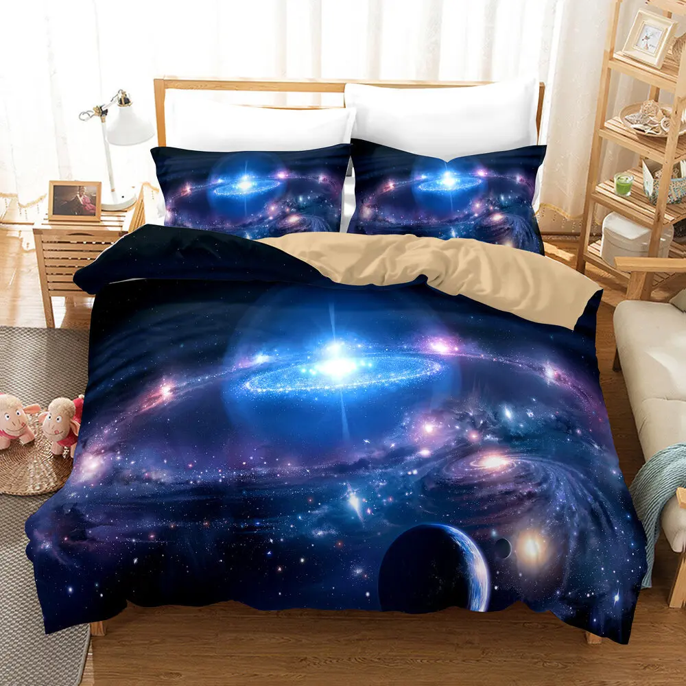 

3pcs Starry Sky Series Space Bedding Comforter Cover Set Queen Galaxy Planet Printed Duvet Cover Soft Microfiber Decor Teens Boy