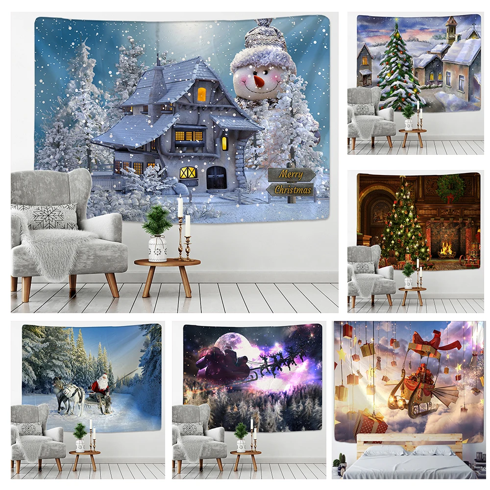 Tapiz de muñeco de nieve de Navidad, colgante de pared, chimenea, regalo, vacaciones, fondo, tela