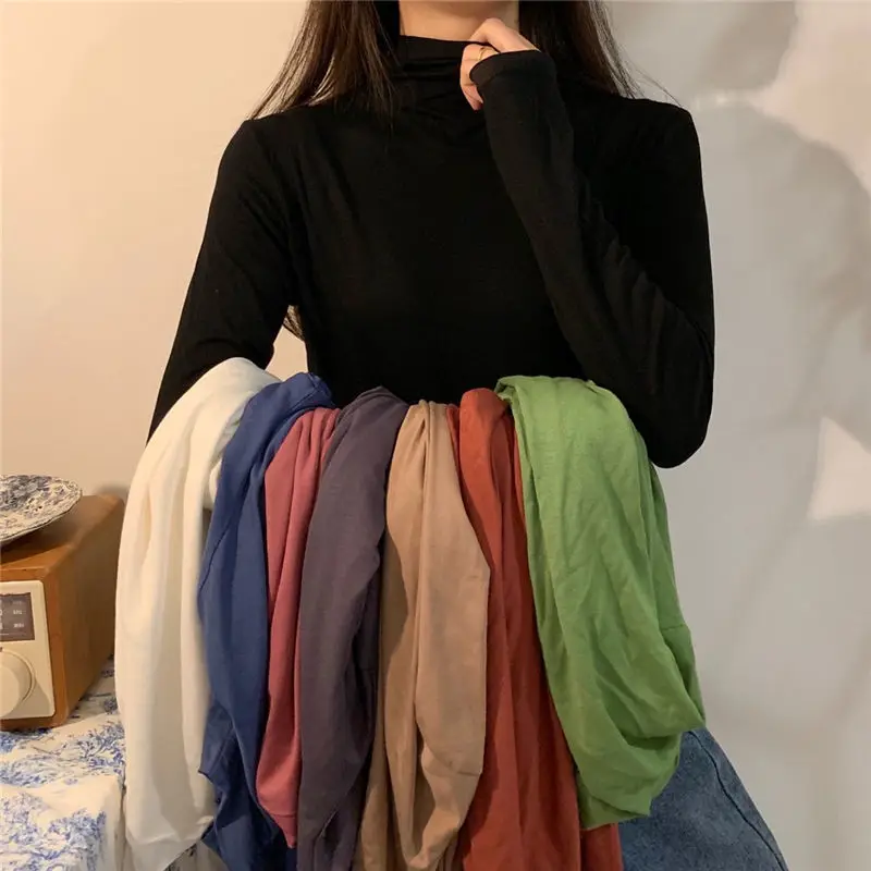 

Turtleneck women's spring and autumn style oversized long-sleeved T-shirt solid color slim fit western style top