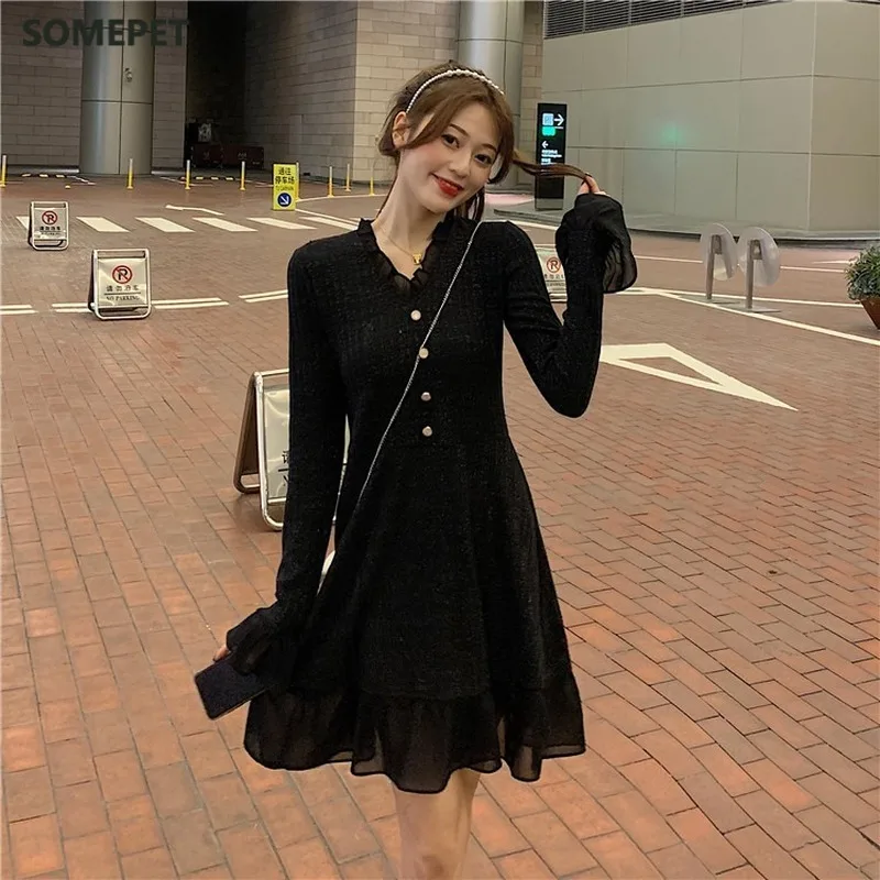 

Elegant Sweater Dress Women Long Sleeve V-neck Office Knitted Dress Female Vintage Lace One-piece Dress Korea Autumn Winter