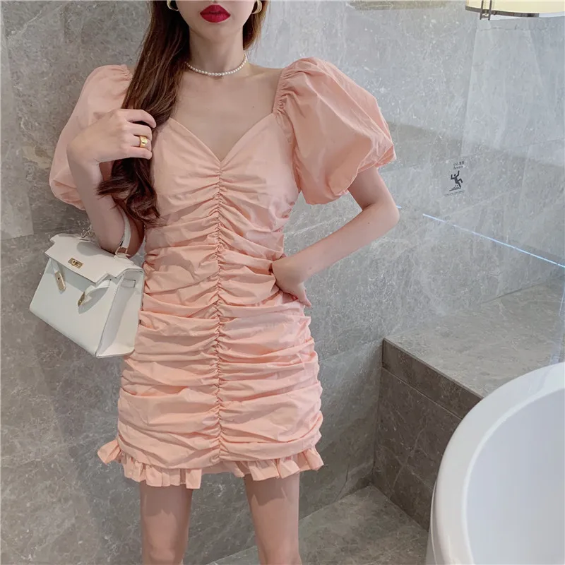 

New style Western-style V-neck ruffled pleated bubble short-sleeved hip skirt, female temperament slim dress