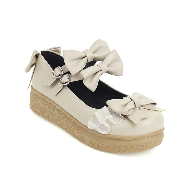 

Hot Sale Womens Lolita Round Toe Bowknot Lace Kawaii Cosplay Shoes Low Heel Plus Size 34-43 Mary Janes Sweet 3Colors Girls New
