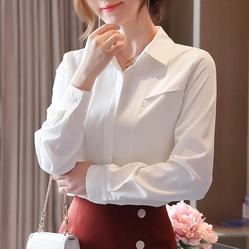 

2021 Autumn Women Tops and Blouse White Chiffon Shirt Women's ladies tops Button Casual Solid clothing for women white tops 0804