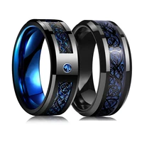 fashion men 8mm black tungsten wedding celtic dragon ring inlaid blue zircon punk stainless steel blue carbon fibre ring for men