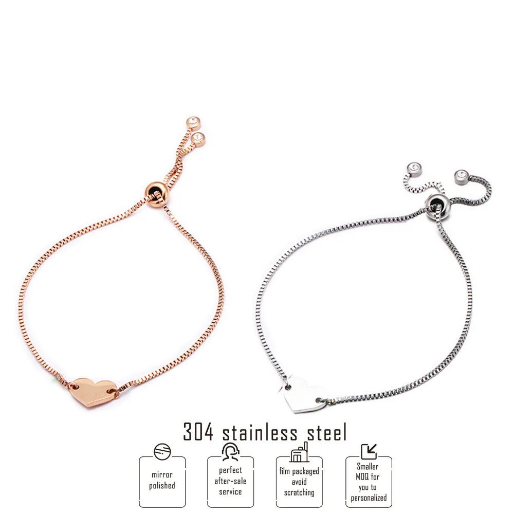 

Модный женский браслет в форме сердца, регулируемая цепочка в коробке, браслеты из нержавеющей стали 304, браслеты из розового золота, оптова...