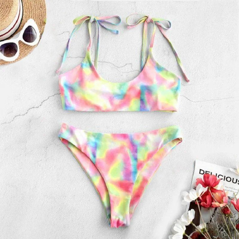 

String Bikini Tie Dye Print Swimwear Women 2020 Swimming Suit White With Black Point Bikini Push Up Tankini Swimsuits Women