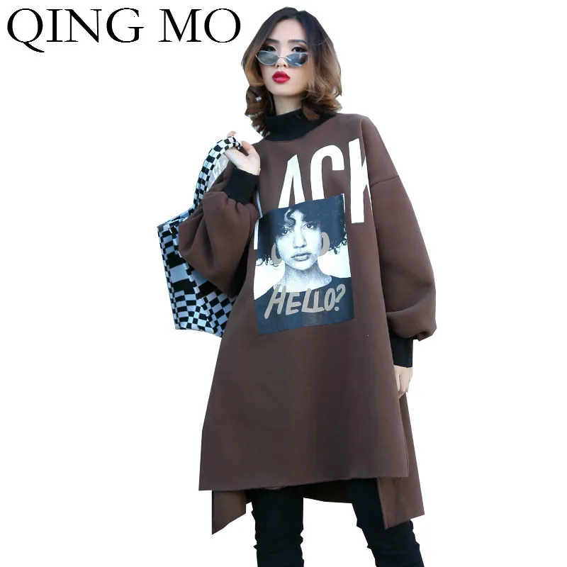 QING MO женские пуловеры толстовка 2019 женская зимняя теплая необычный свитер черный