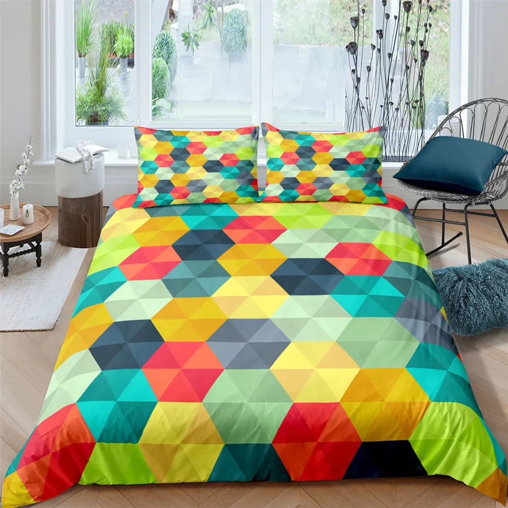 

3D Hexagon Geometry Bedding Set Quilt Sets Creativity Colorful Splicing Pattern Bed Duvet Cover Pillowcases King Size For Double