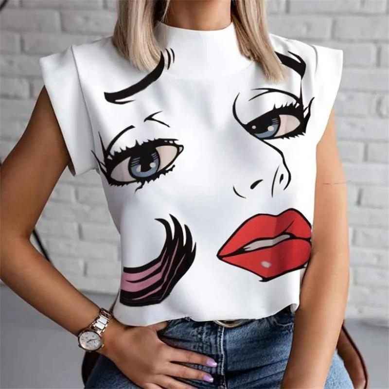 

Women Lips Printed T Shirt Ladies Casual Stand Neck Tee Tops Short Sleeve Streetwear Summer Floral Plus Size Pullover T-shirts