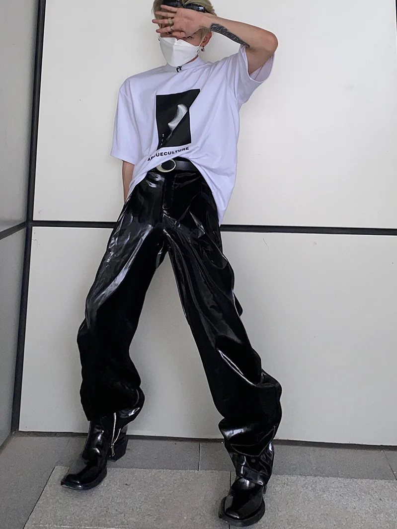 

Men's PU Shinny Black Straight Long Trousers Punk Future Sense High Street Fashion Pants