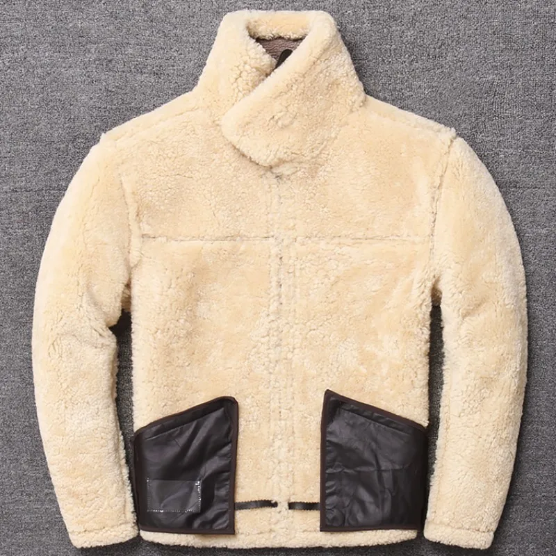 

Quality Men High 100% Natural Shearling Jacket Wool Real Fur Lining Warm Overcoat Slim Fit Coat Sheepskin Genuine Leather Jacket