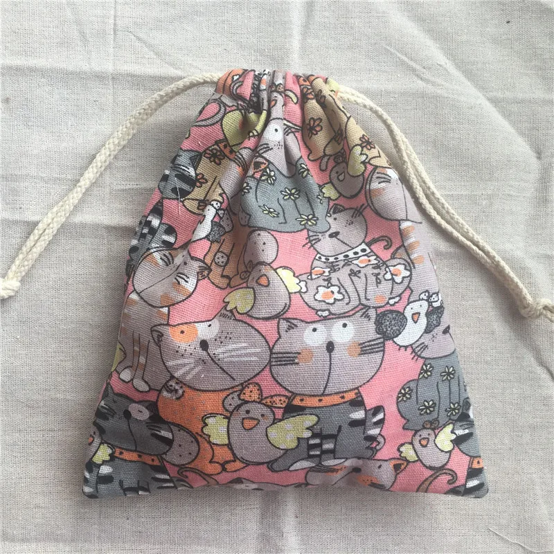 1pc Cotton Linen Drawstring Organised Pouch Party Gift Bag Printed Cats Pink Base YL2033c | Дом и сад