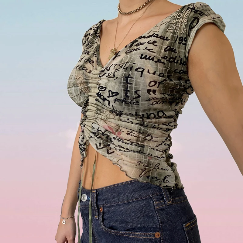 

Summer Fashion Slim Cute Sexy Print Letters Short Sleeve Tee SML Lace-up Drawstring Woman Casual Short T-Shirt Lady Crop Top
