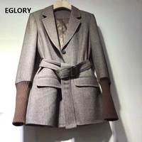 high quality new wool blazer jackets high quality women notched collar knitting patchwork long sleeve casual blazer coat outwear