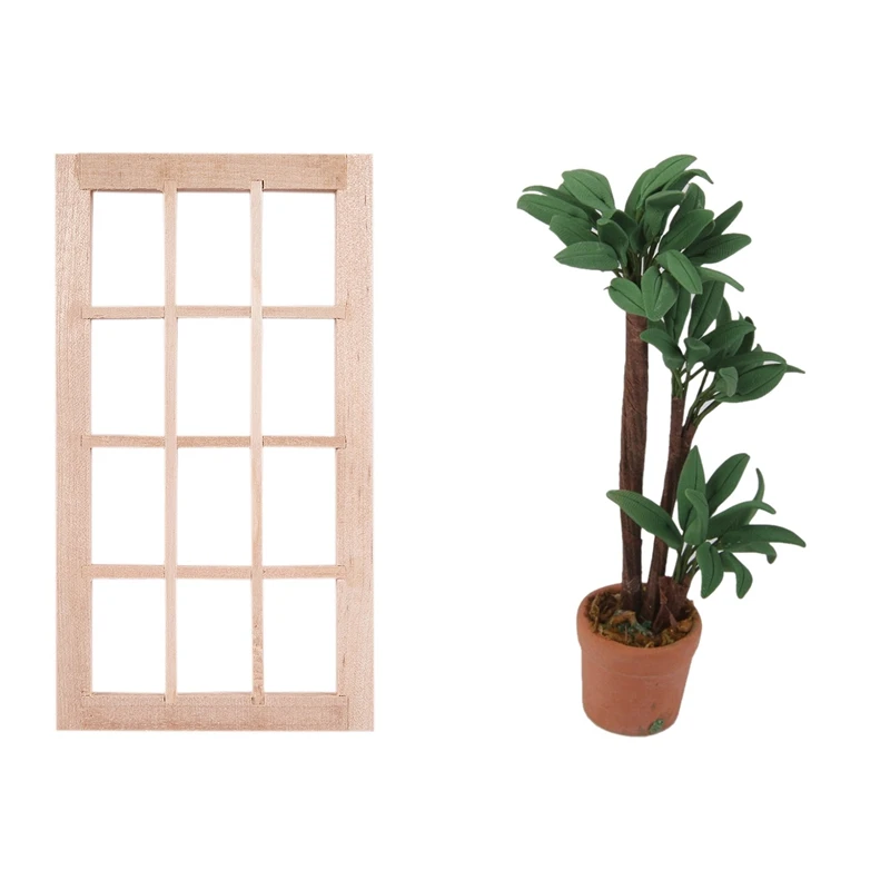 Wooden Traditional 12-pane Window Frame 1:12 Scale Dollhouse Miniature & Pot Green Leafed Plant |