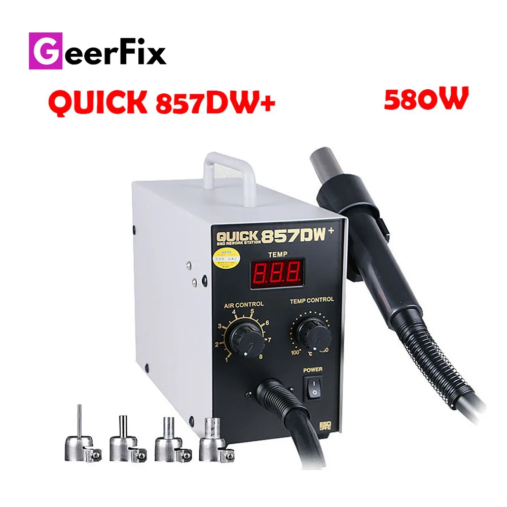 

QUICK 857DW+ Soldering Station Rework Iron Hot Air Gun With Helical Wind 580W Digital Display Electric SMD BGA Rework Station