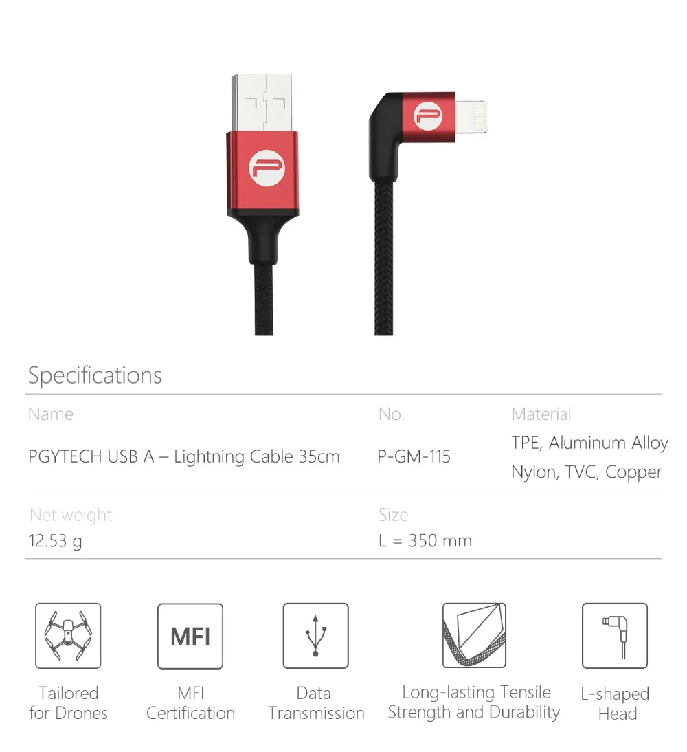 PGYTECH 35 см USB A-Lighting/type-C кабель для передачи данных для DJI Osmo Action Osmo Pocket Mavic 2 Pro Zoom Done Wire