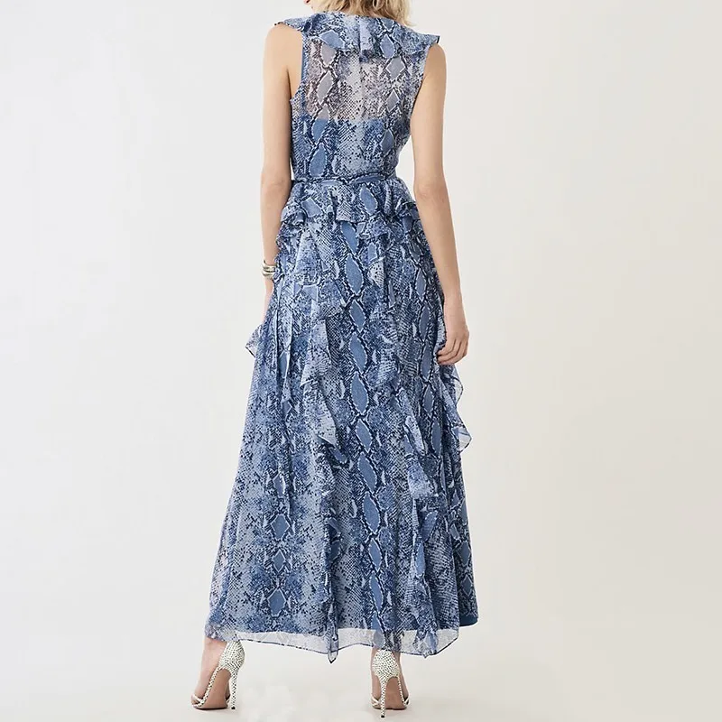 TWOTWINSTYLE Snake Print Sleeveless Women Dress V Neck Off Shoulder Ruffles High Waist Ankle Length Dresses Female Summer 2020 | Женская