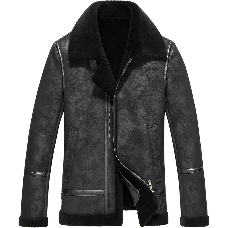 Мужская куртка из натуральной кожи теплая уличная бомбер размера плюс с мехом