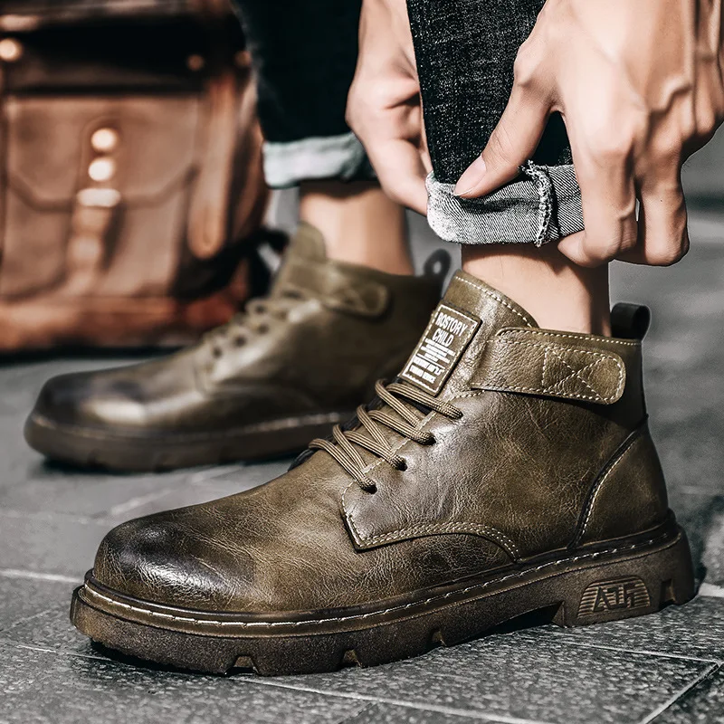 

Thick-soled Men Boots Men Leather Boots Round Toe Mid top Leather Boots Casual Waterproof Non slip Short Boots Men Shoes