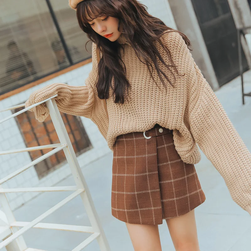 2019 Женская Ulzzang осень и зима Harajuku утолщенная шерстяная клетчатая ретро юбка милая