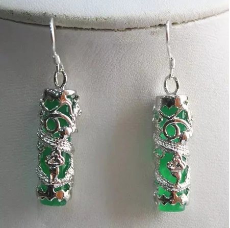 

925 Sterling Amazing light Green/Black natural jade Dragon Earring