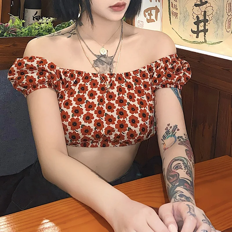 

Summer Women Vintage Y2k Girls Floral Mini Top Streetwear Fashion Off The Shoulder Gorgeous Flowers Printed Crop Top Streetwear