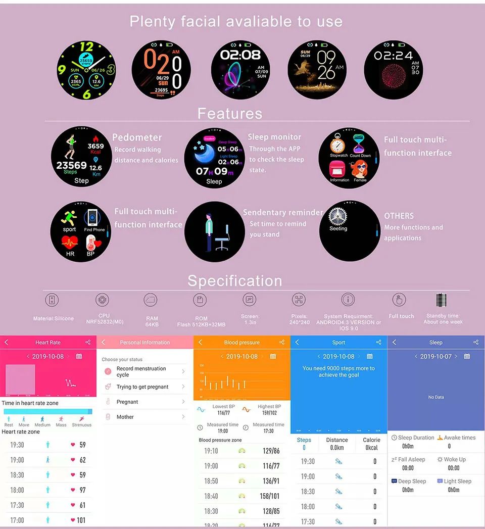Умные часы V18 для женщин и девушек ремешок измерения пульса артериального