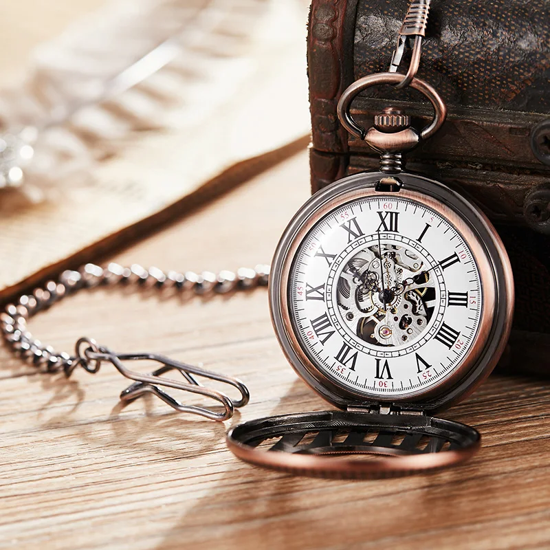 Hand-winding Mechanical Pocket Watch Men Women Fashion Roman Numerals Wood Hollow Fob Chain Steampunk Clock Skeleton Watch