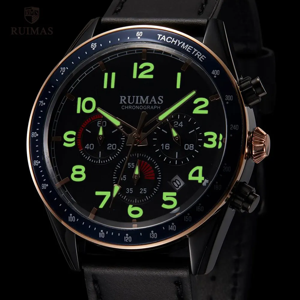 

RUIMAS Mens Army Sports Watches Top Brand Luxury Leather Strap Wristwatch Man Luminous Chronograph Watch Relogios Masculino 574
