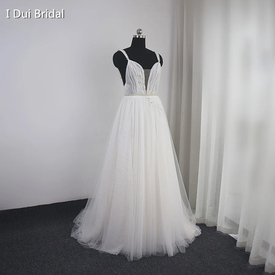 Плиссированное кружевное свадебное платье с корсетом А силуэта низкой спинкой