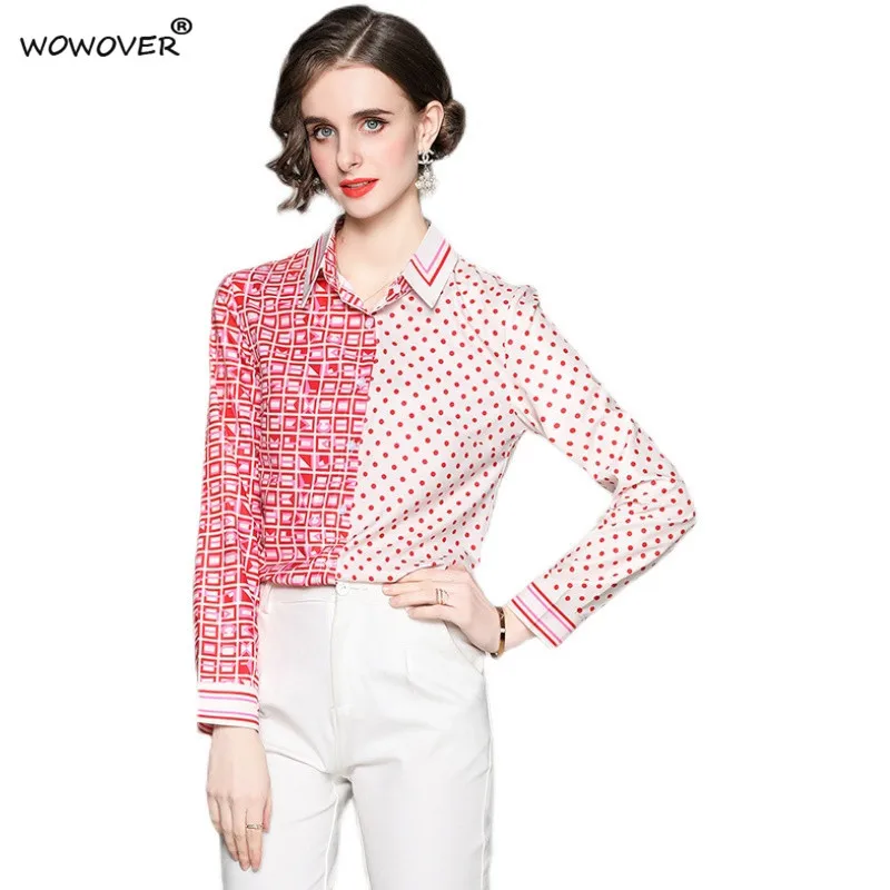 

Spring Fashion Runway Women Blouse Long Sleeve Turn Down Collar Color Block Print Sweet Shirts Lady Blusa Office Workwear Tops