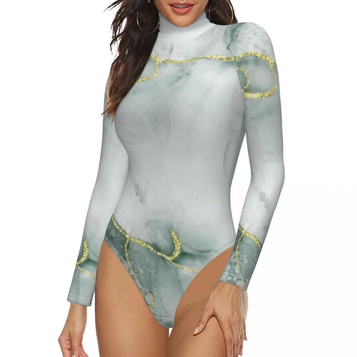 

Женский облегающий боди с мраморным принтом, весенний сексуальный Модный облегающий комбинезон с длинным рукавом и высоким воротником, топ...