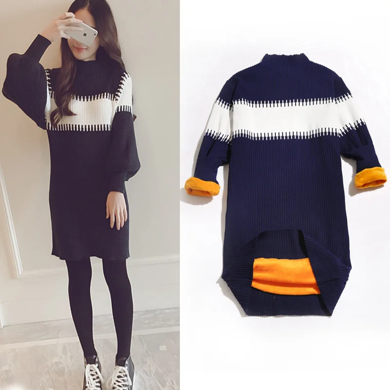 

Осенне-зимняя свободная теплая шерстяная юбка средней длины на флисовой подкладке в стиле знаменитостей, Женская водолазка