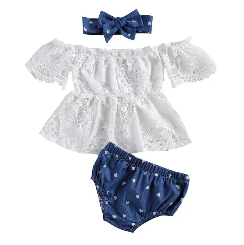 

3 Pcs Set Newborn Casual Outfits Baby Short Sleeve Hollow Out Lace Tops Love Print Shorts Bowknot Headband Baby's Sets