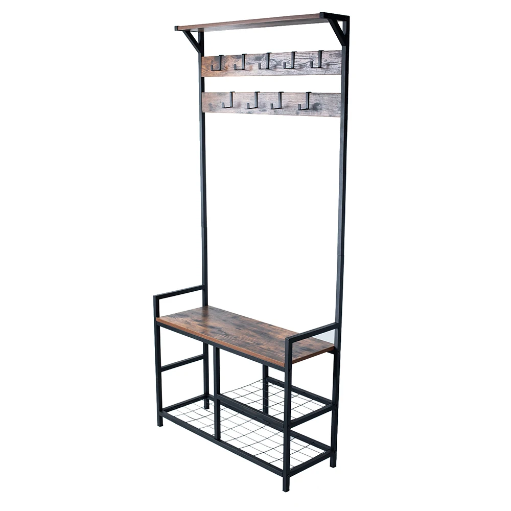 

Entrance Retro Coat rack With 9pcs Hook Up Iron Wood Storage Clothing Drying Racks With Three-tier Shoe Rack