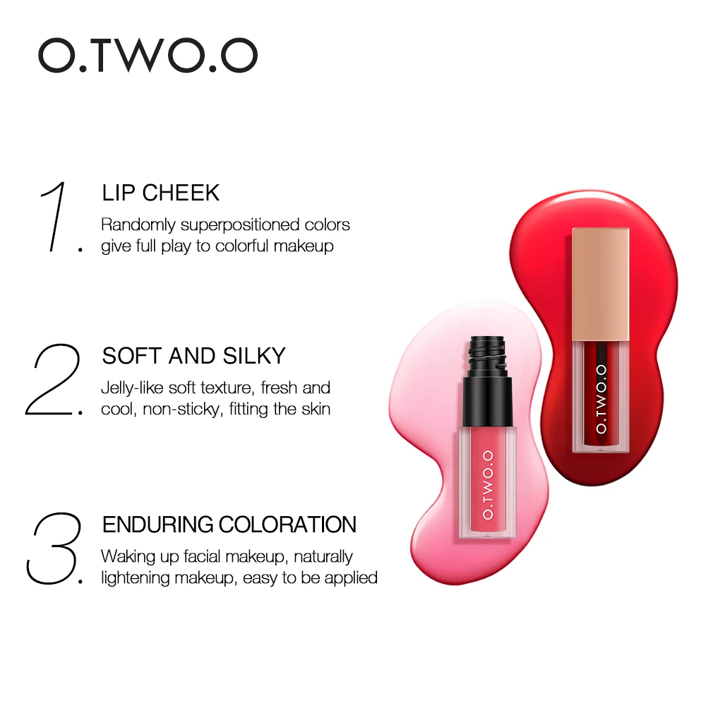O.TWO.O 2 In 1 Lip Gloss+ Liquid Blusher Double Effect Long Lasting Waterproof 4 Colors Soft Silky Smooth Makeup
