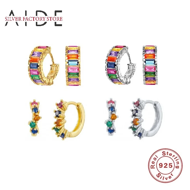

AIDE Colorful Zircon Hoop Earrings for Women Fashion Real 925 Sterling Silver Piercing Earings Jewelry pendientes Gift kolczyki
