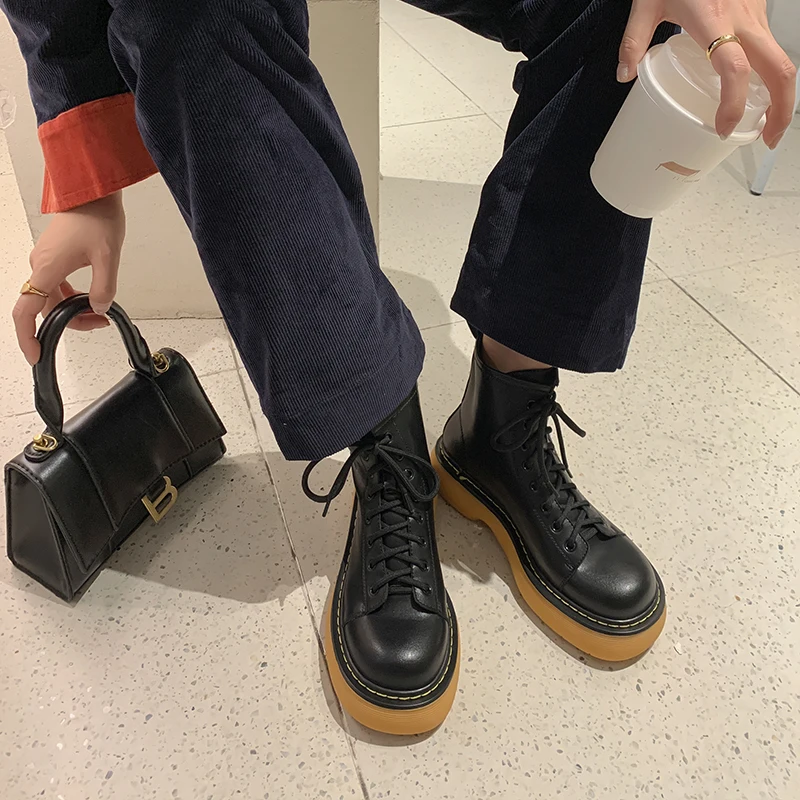 

Elegant Concise Lace-up Women Warm Boots Genuine Leather Round Toe Thick Heels Pumps Wedding Office Lady Shoes Woman