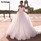 Блестящее Тюлевое свадебное платье Sevintage в стиле бохо с открытыми плечами и шнуровкой сзади, свадебное платье для невесты 2021, свадебные платья принцессы со шлейфом