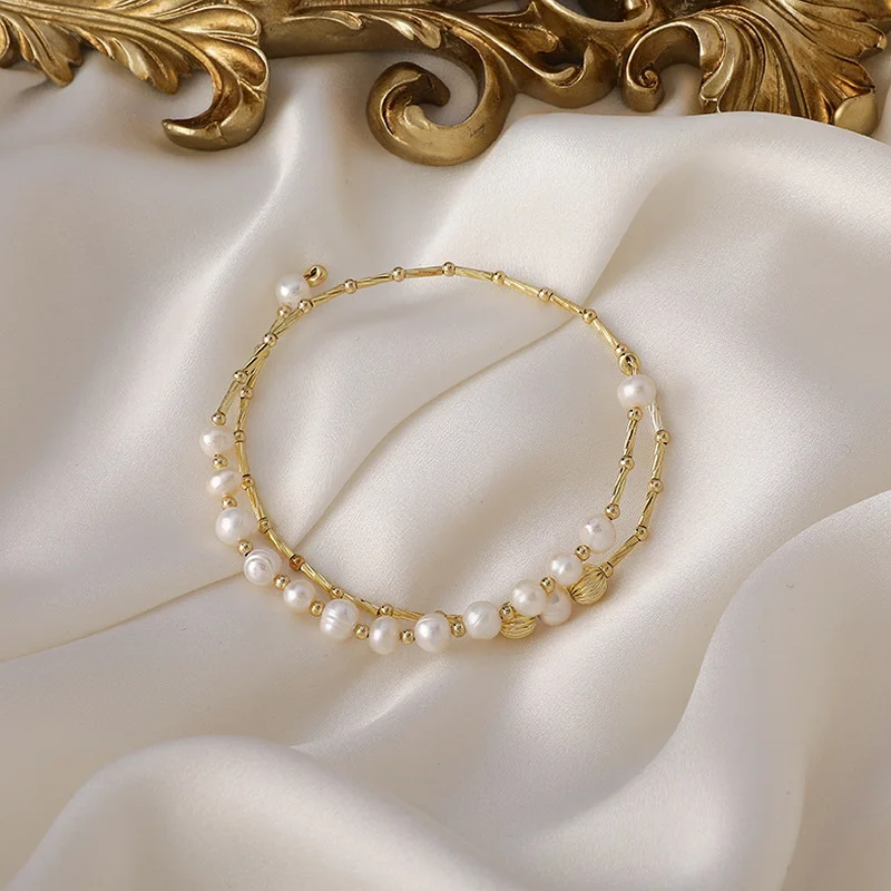 

Origin Summer French Vintage Double-Layer Natural Freshwater Pearl Bangles for Women Trendy Gold Color Metallic Charm Bangles