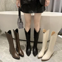 2021 ins luxury women block high heels wedges long riding boots winter knee high boots designer beige heels western cowboy boots
