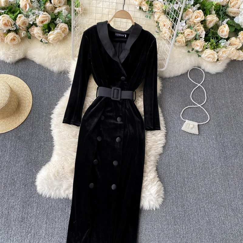 

Han Guodong door spring new dust coat dress suit collar long sleeve in loose lace-up show thin velvet dress