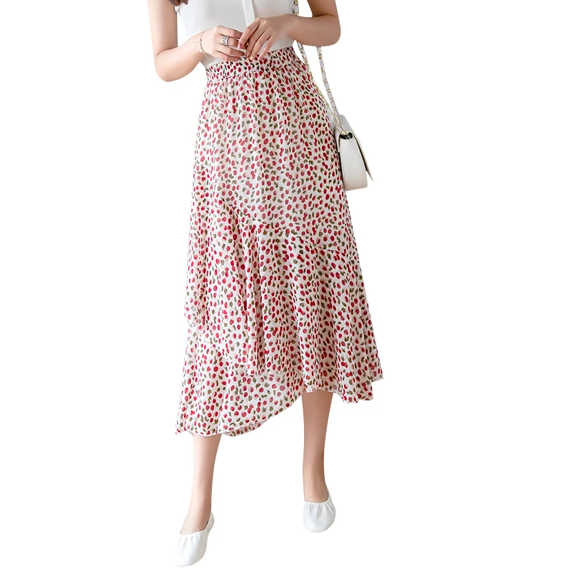 

Summer 2021 New Skirts Womens New Irregular Ruffles Floral Print Chiffon Elastic High Waist Casual Clothes Jupe Skirts